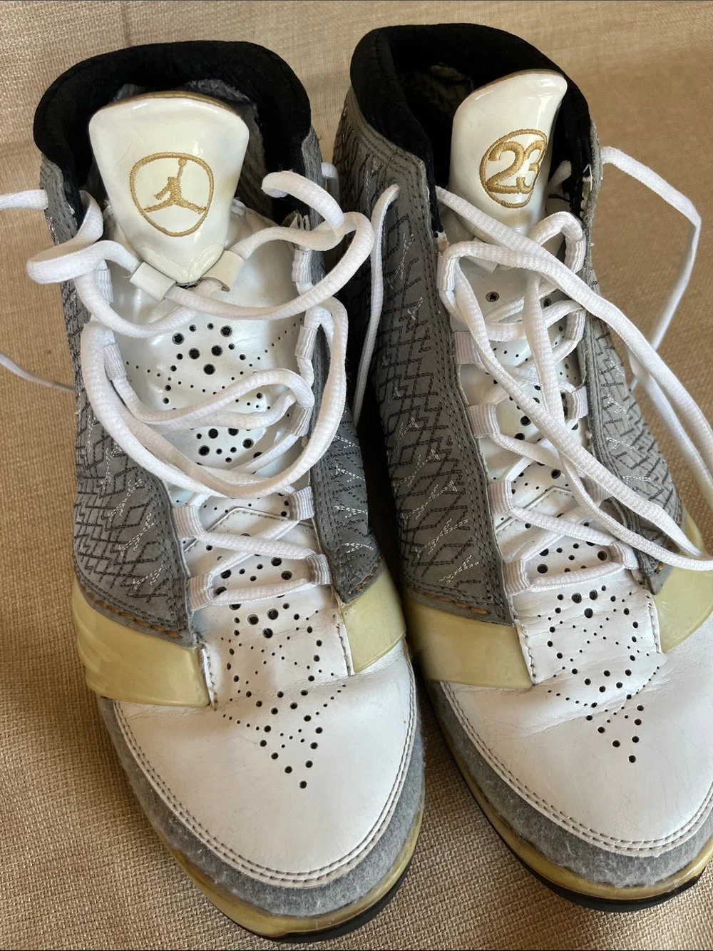 Nike Air Jordan 23  mid Top Sneakers in White, Gray & Gold